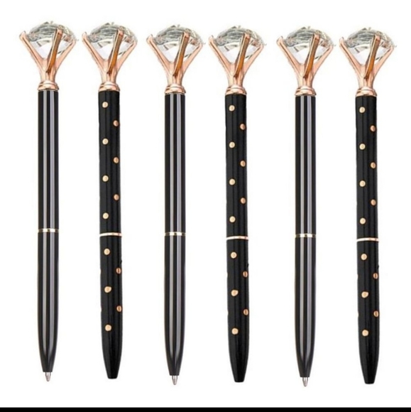 CRYSTAL FAUX DIAMOND TOP BALLPOINT PEN IN BLACK WITH ROSE GOLD DOTS! NIP - Picture 2 of 2